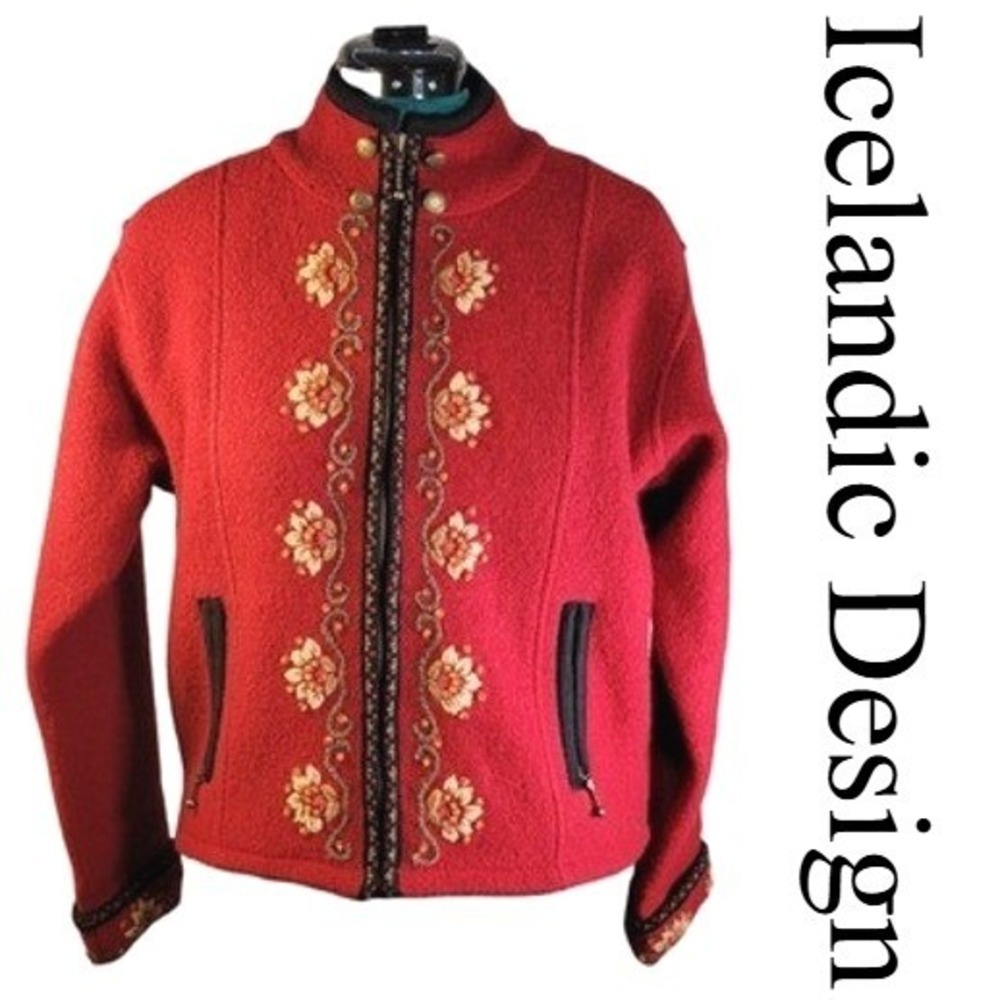 Icelandic Design Red Boiled Wool Floral Embroidered Full Zip Jacket Womens M‎